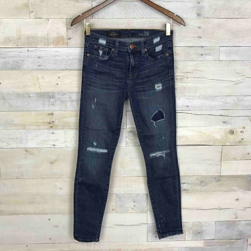 J. CREW Toothpick Skinny Jeans Blue Distressed 26